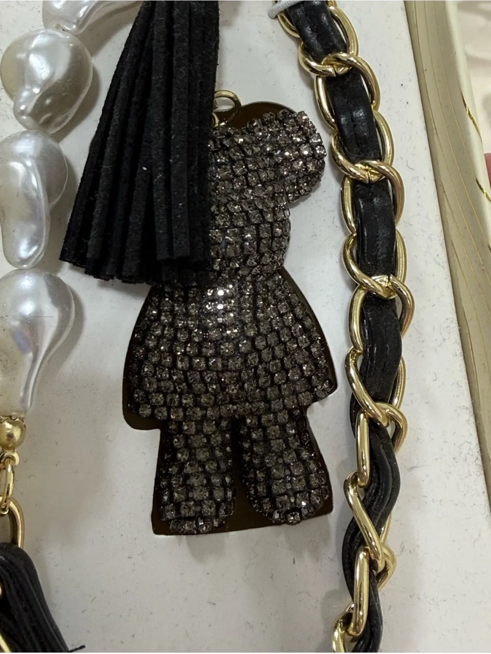 Eye Candy Black rhinestone bag charm key chain with faux pearls and gold chain